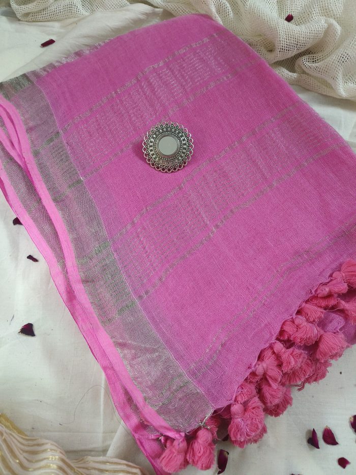 Pure Linen Sarees in Pink Color