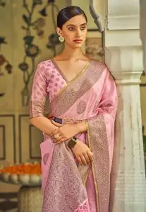 Silk Tissue Saree for Teachers in Pink Colour