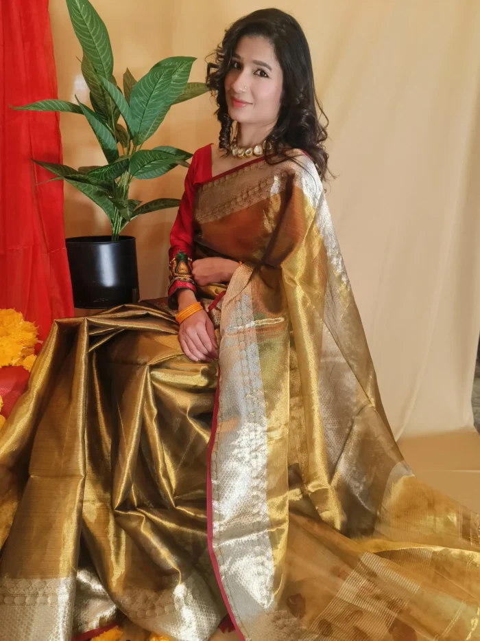 Cotton Tissue Sarees For Techers in Golden Colour