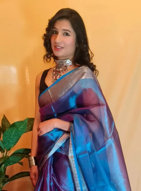 Cotton Tissue Saree For Wedding in Peacock Blue Color