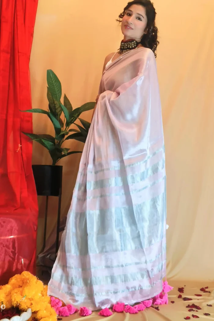 Baby Pink Cotton Tissue Saree For Teachers