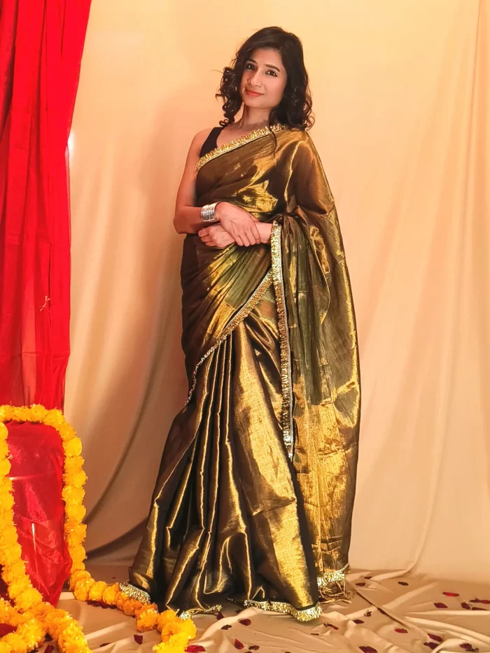 Golden Coloured Cotton Tissue Saree