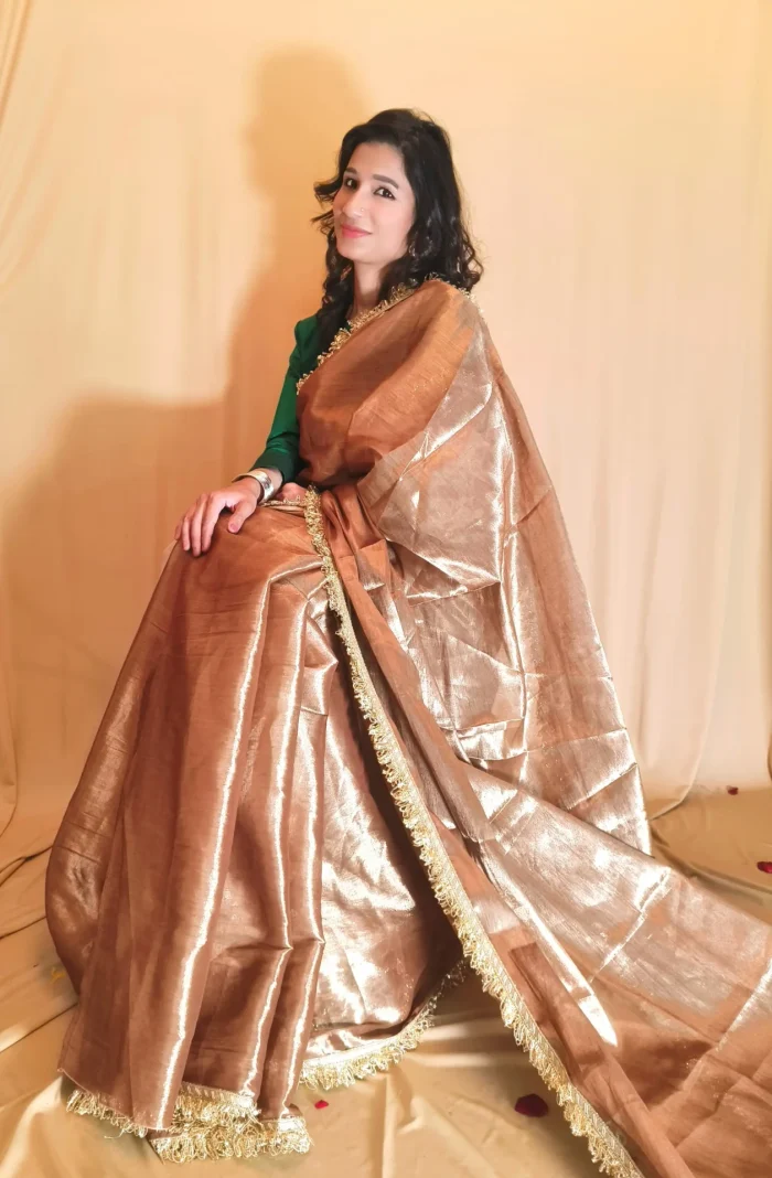 Dark Copper Cotton Tissue Saree