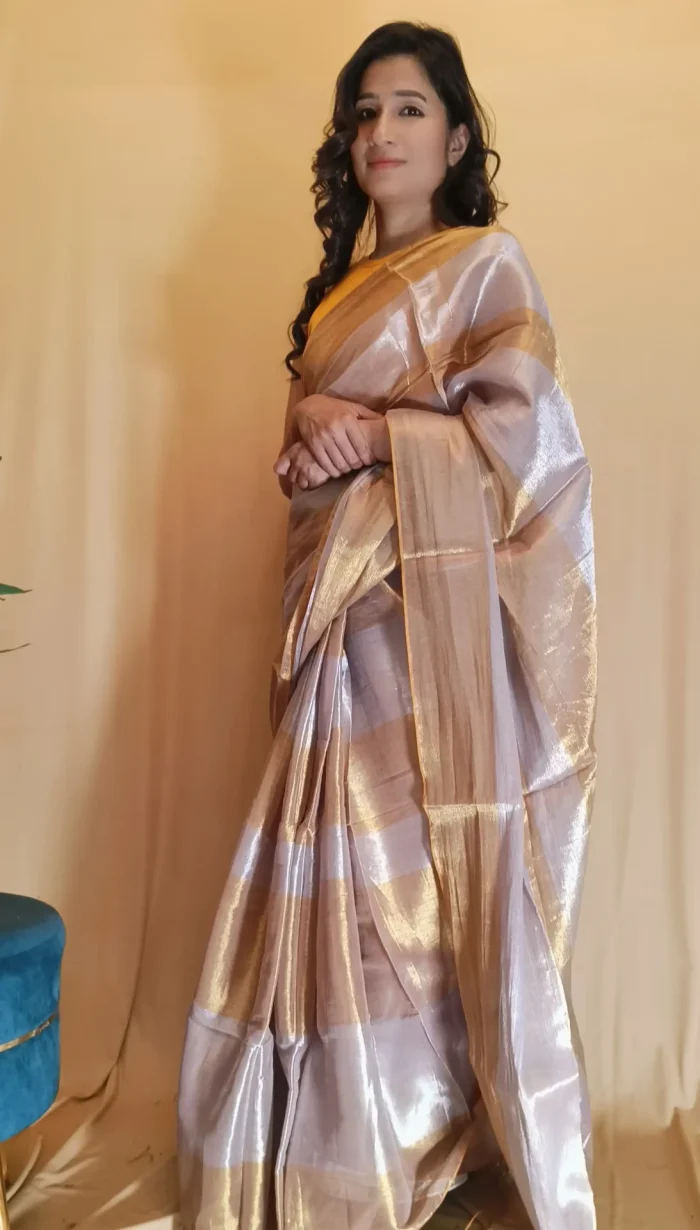 Silver and Gold Strip Cotton Tissue Saree