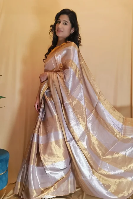 Silver and Gold Strip Cotton Tissue Saree for Office Work