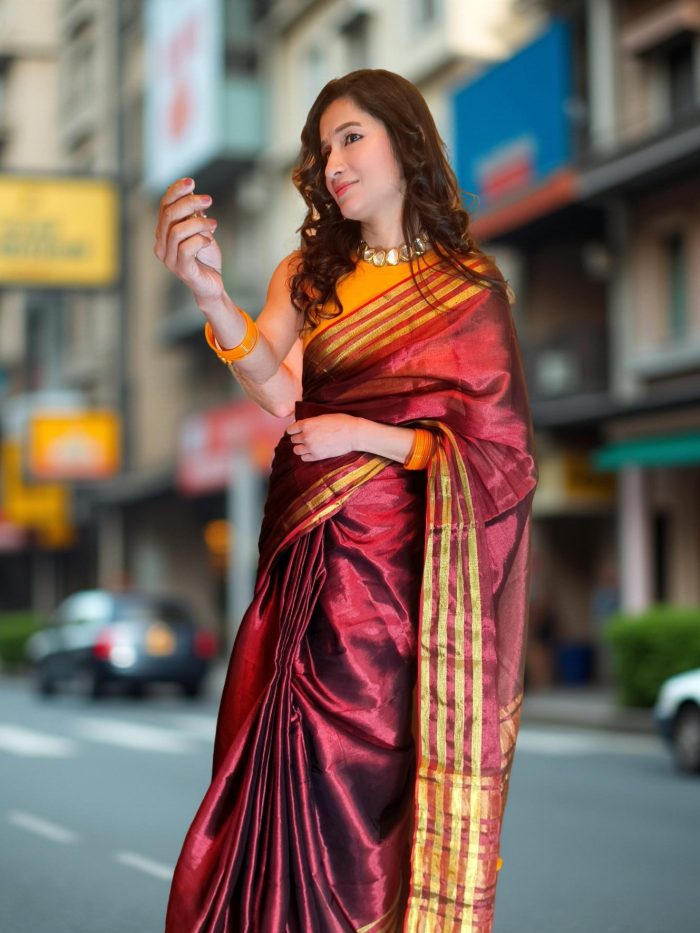 Silk Tissue Saree For Teachers in Maroon