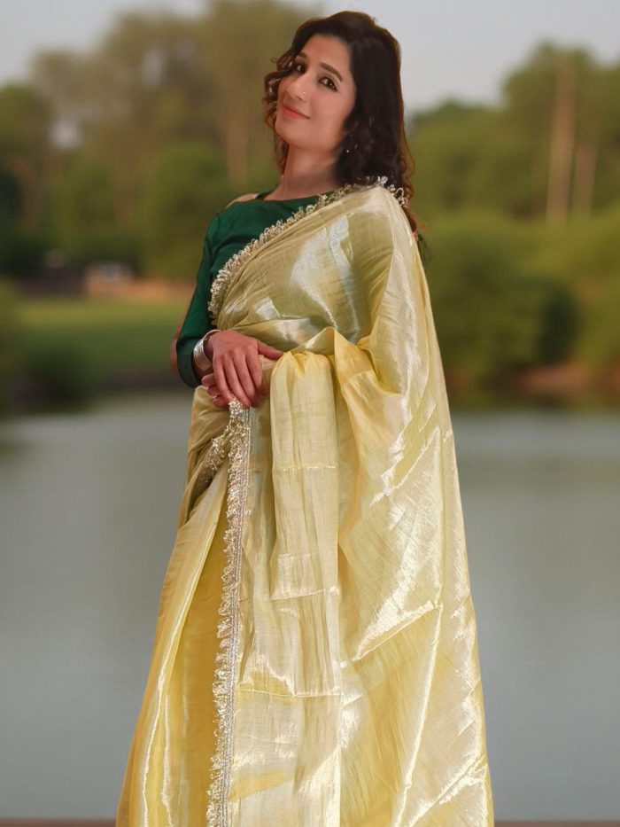 Lime Coloured Cotton Tissue Saree for Working Professionals