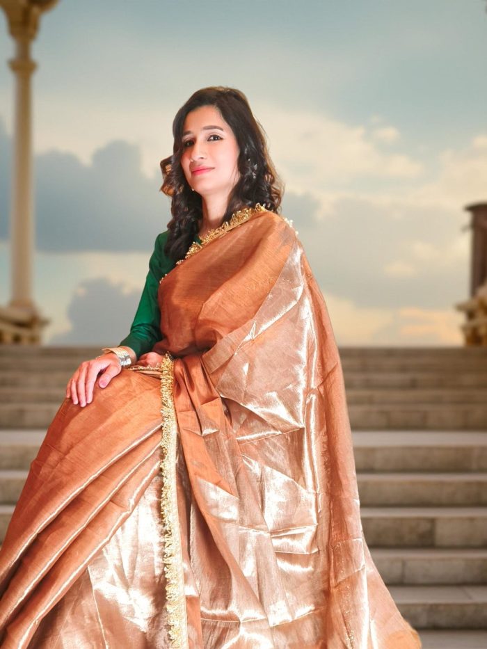 Dark Copper Cotton Tissue Saree for Office Work