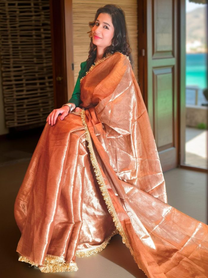 Dark Copper Cotton Tissue Saree