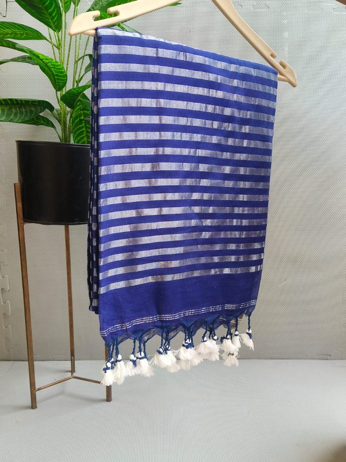 Ink Blue Pure Mul Cotton Saree with Silver Zari Border – Satyugi