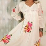 निर्मल वाटिका (Nirmal Vaatika) Hand Embroidered Flower Mul Cotton Gown – Off White