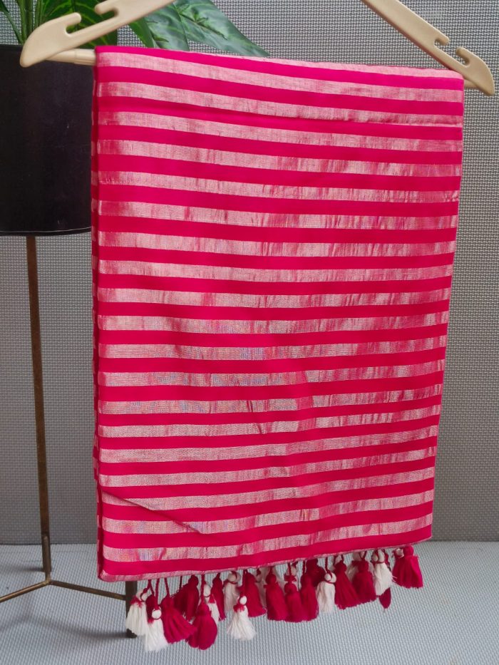 Rani Pink Pure Mul Cotton Saree with Silver Zari Border – Satyugi