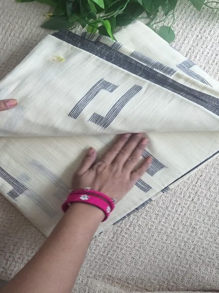 Off-White Cotton Saree with Black Geometrical Weaving