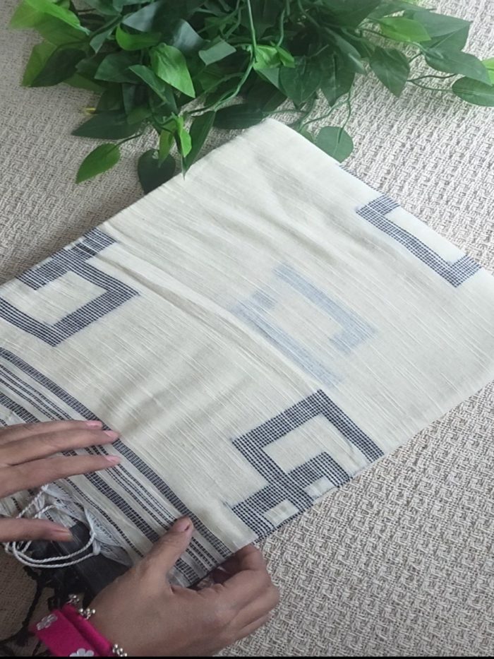 Off-White Cotton Saree with Black Geometrical Weaving