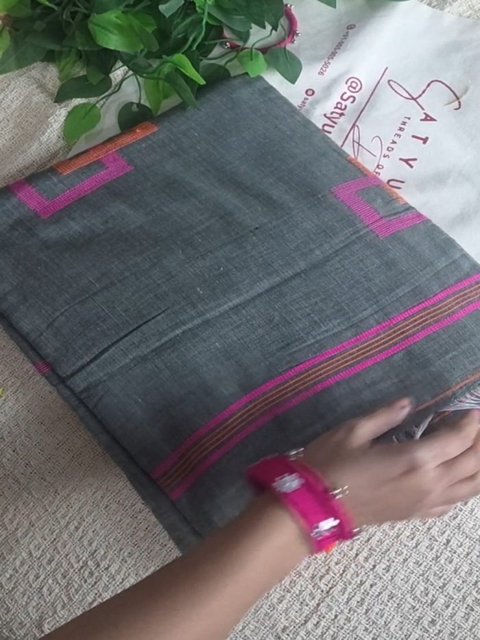 Grey Cotton Saree with Pink & Orange Geometrical Weaving