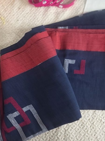 Navy Blue Cotton Saree with White & Red Geometrical Weaving