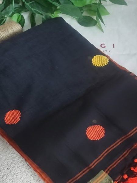 Black & Rust Cotton Saree with Circle Butta woven