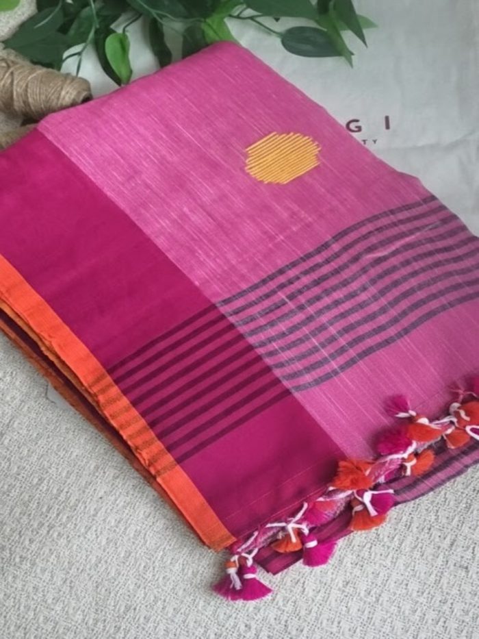 Grey & Pink Cotton Saree with Circle Butta Weaving