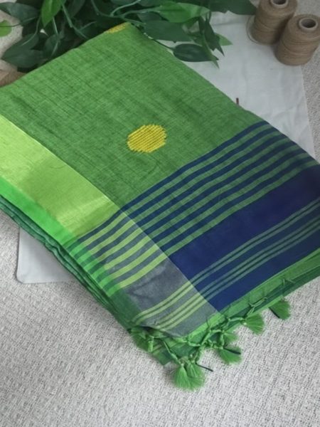Green & Blue Cotton Saree with Circle Woven Bootas