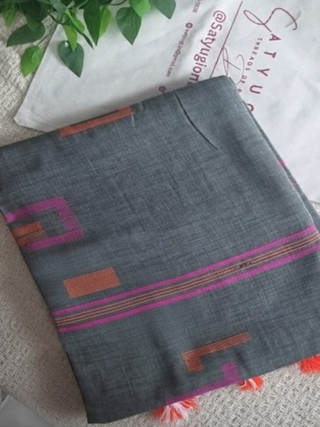 Grey Cotton Saree with Pink & Orange Geometrical Weaving