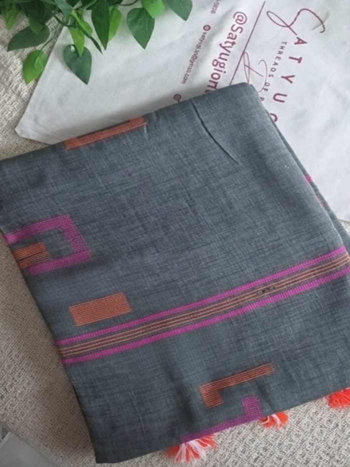 Grey Cotton Saree with Pink & Orange Geometrical Weaving