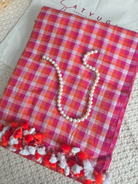 Rosy Radiance – Pink, Orange & White Checks Cotton Saree