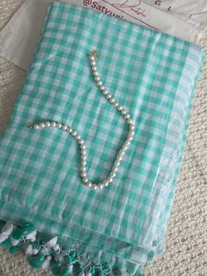 Ocean Mist light sea green checks Mul Cotton Saree