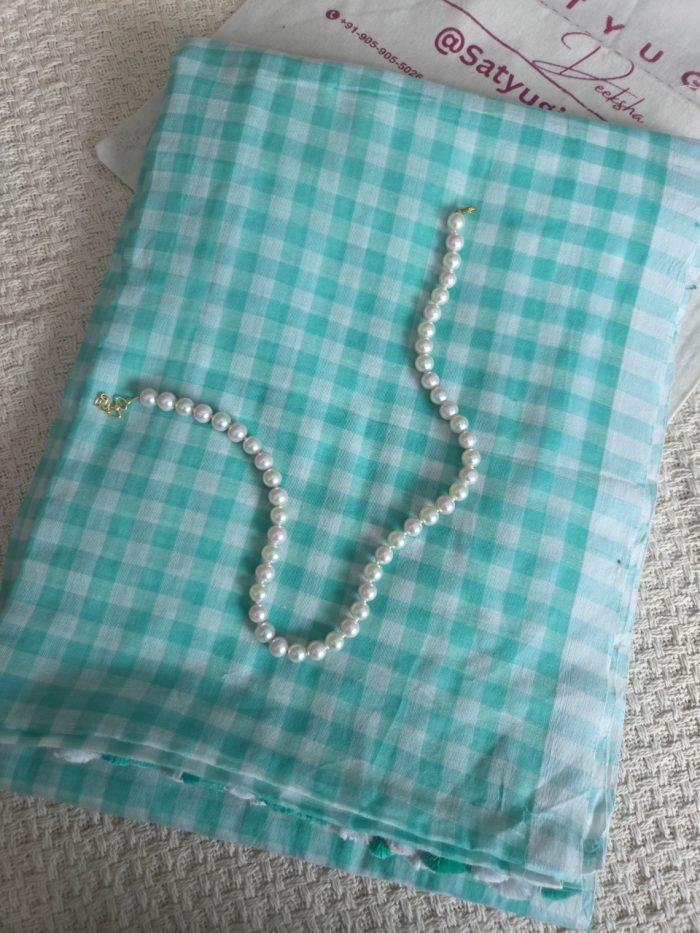 Ocean Mist light sea green checks Mul Cotton Saree