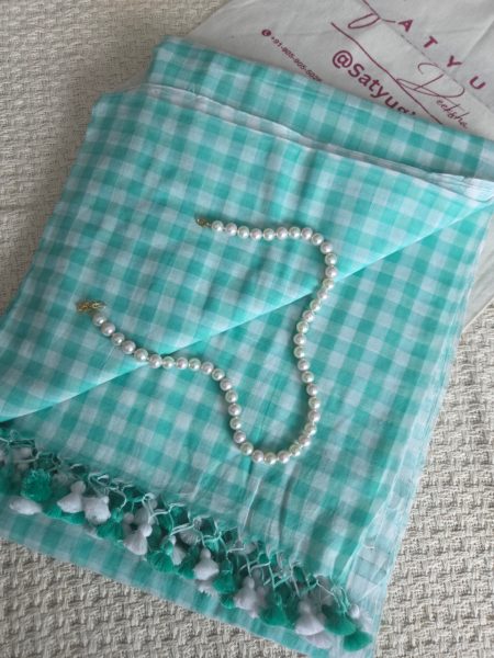 Ocean Mist light sea green checks Mul Cotton Saree