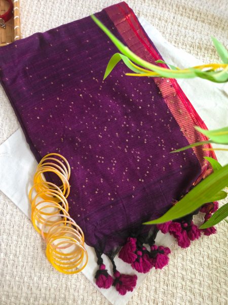 Deep Purple Mul Mul Cotton Saree with Sequence Detailing
