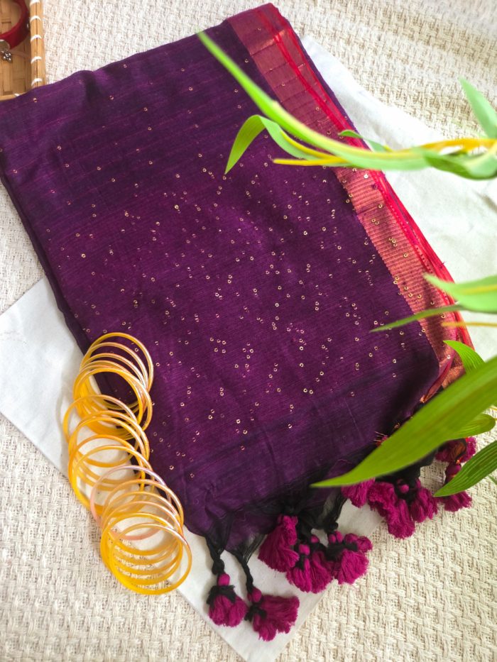 Deep Purple Mul Mul Cotton Saree with Sequence Detailing