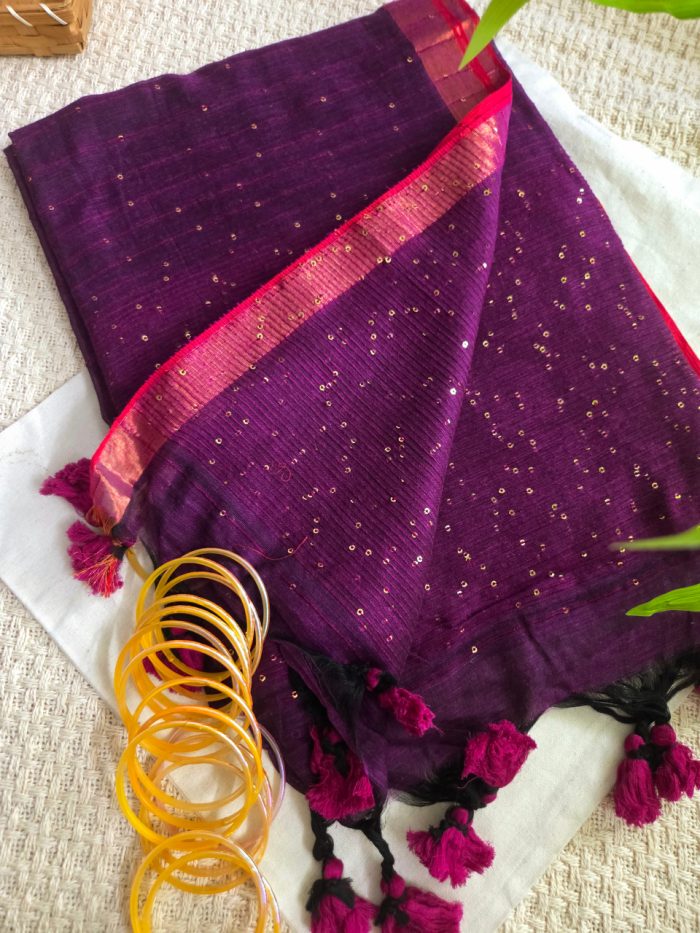 Deep Purple Mul Mul Cotton Saree with Sequence Detailing