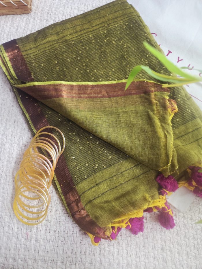 Mehndi green saree with Sequence Detailing