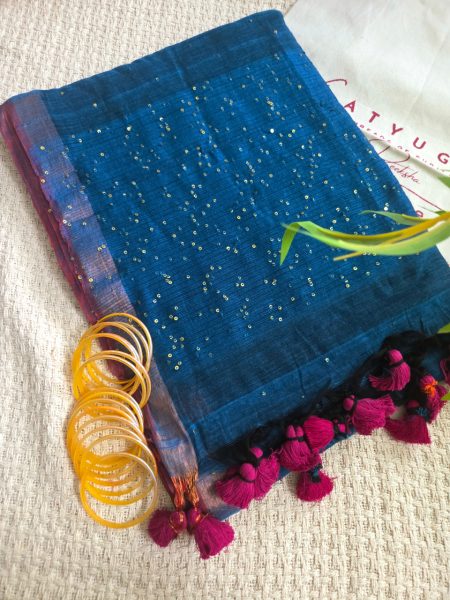 Classic Blue Mul Mul Cotton Saree with Sequence Detailing
